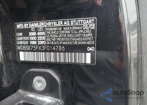 2003 Mercedes-Benz Sl 500 z USA, uszkodzony, nr VIN WDBSK75FX3F014786